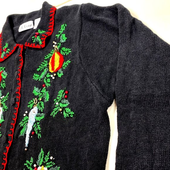 Womens Vtg Christmas Cardigan Sweater BP Design Medium Black Embroidered Beaded - Picture 11 of 16